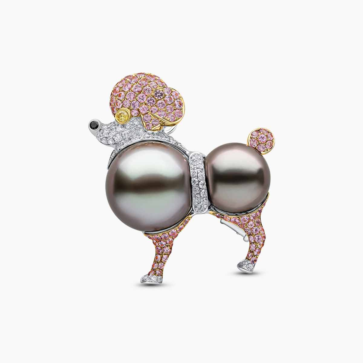 Baroque 18K Gold Black Tahitian Pearl and Diamond Poodle Brooch