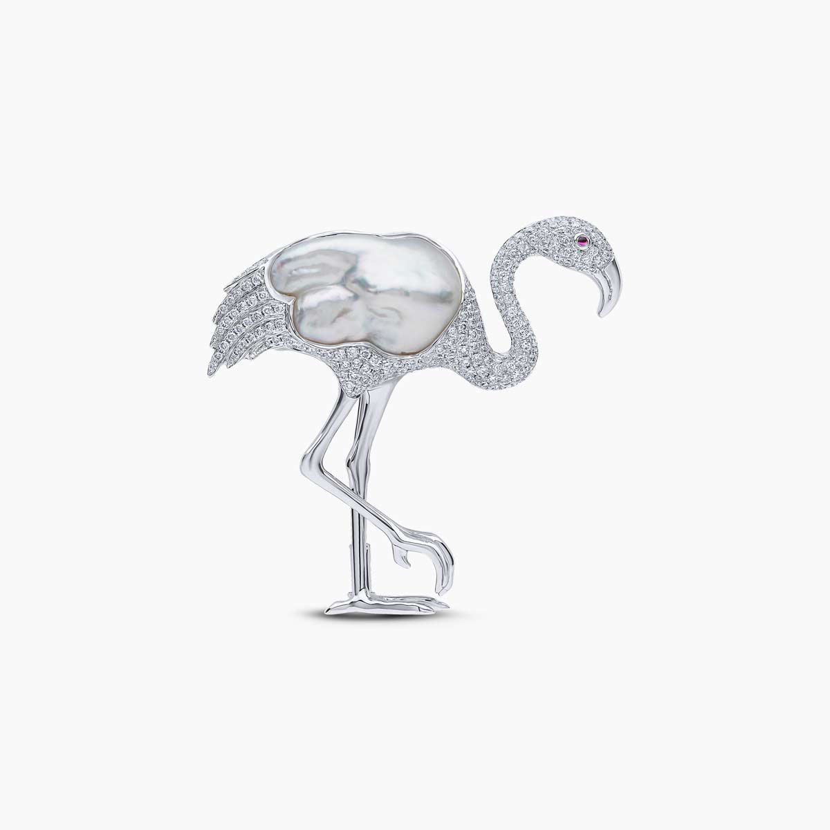 Baroque Pearl & Diamond Flamingo Brooch | Yoko London