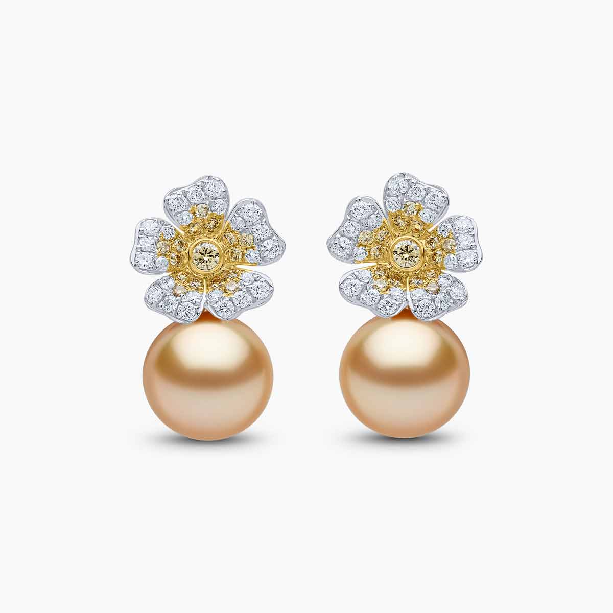 Sunrise South Sea Pearl Diamond Floral Clover Earrings | Yoko London