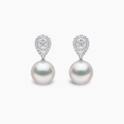 Glitz 18K Gold South Sea Pearl and Pear Cut Diamond Earrings