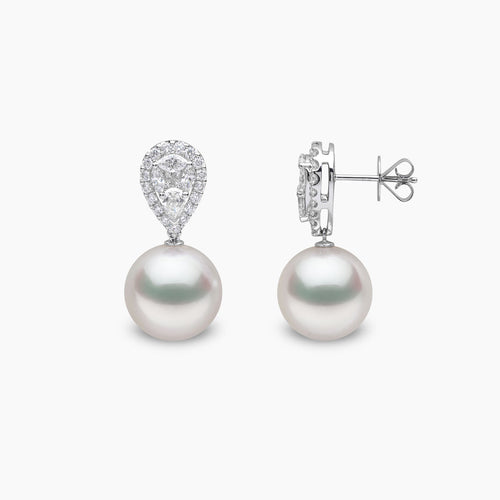 Glitz 18K Gold South Sea Pearl and Pear Cut Diamond Earrings