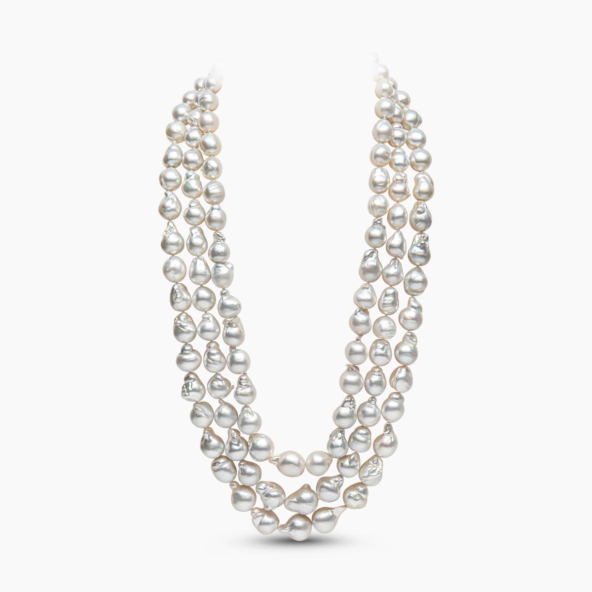 Classic 18K Gold Baroque White South Sea Pearl Triple Row Necklace