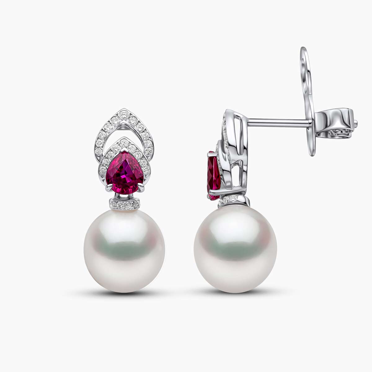 18K Gold Pearl, Ruby and Diamond Earrings