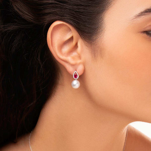 18K Gold Pearl Ruby and Diamond Earrings