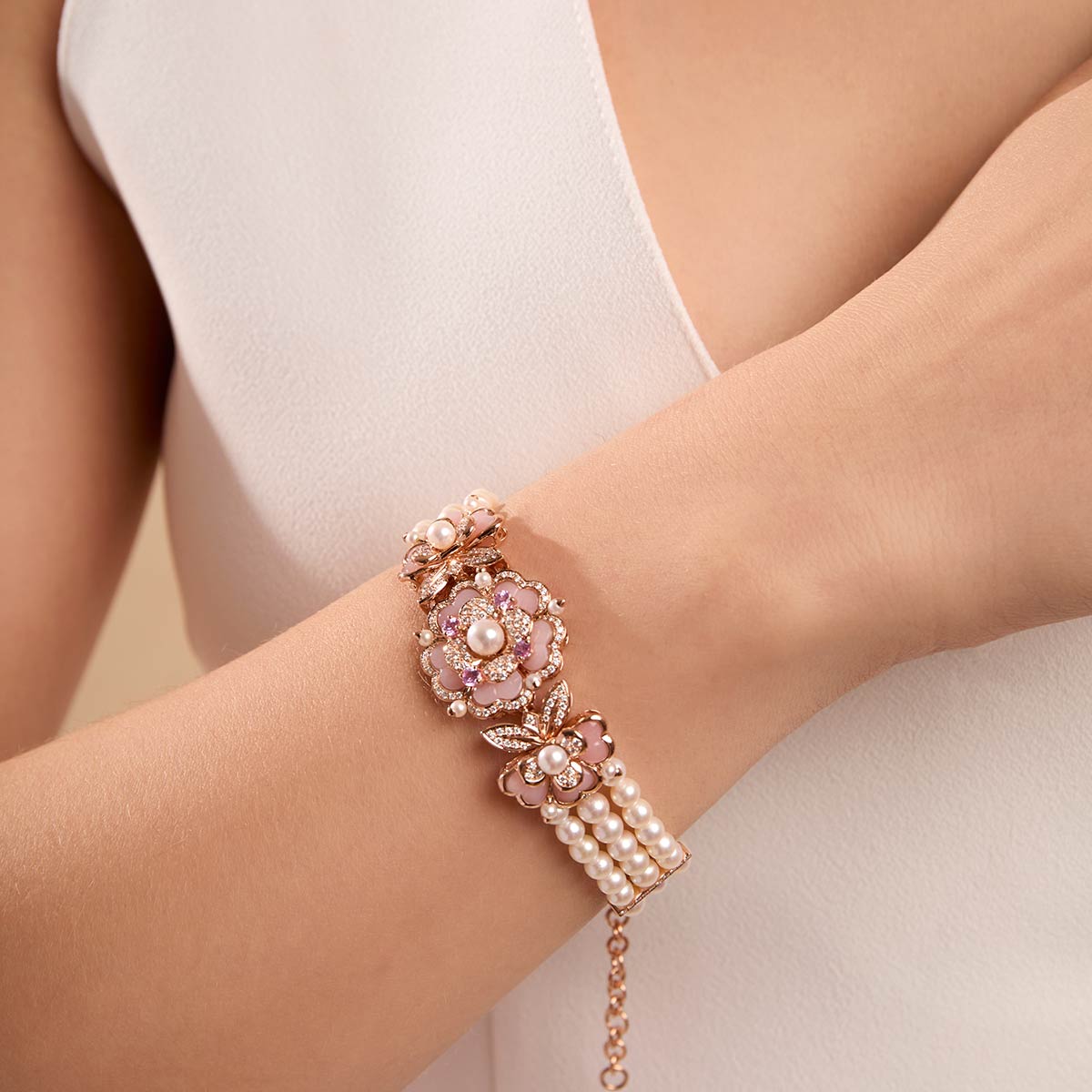 Cleopatra Pearl, Diamond & Pink Sapphire Bracelet | Yoko London