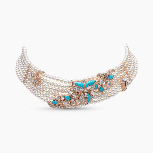 Cleopatra 18K Gold Freshwater Pearl Diamond and Turquoise Choker