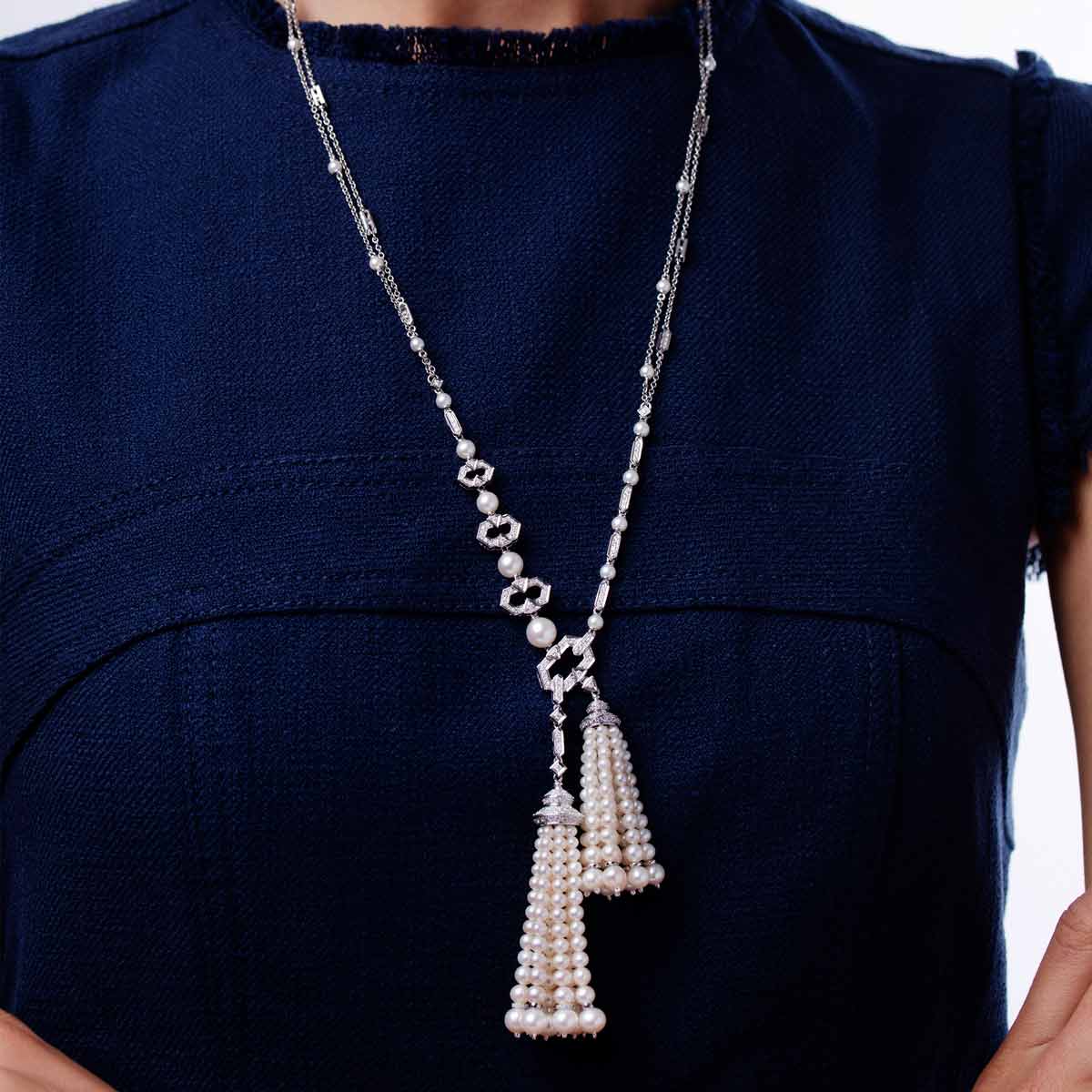 Tassel 18K Gold Freshwater Pearl and Diamond Necklace