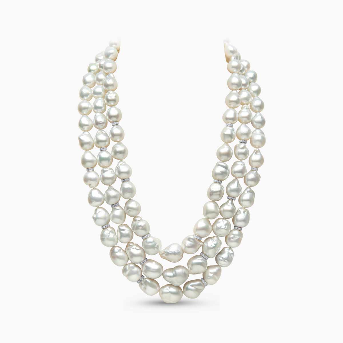 Baroque 18K White Gold 3 Row Australian South Sea Pearl Necklace