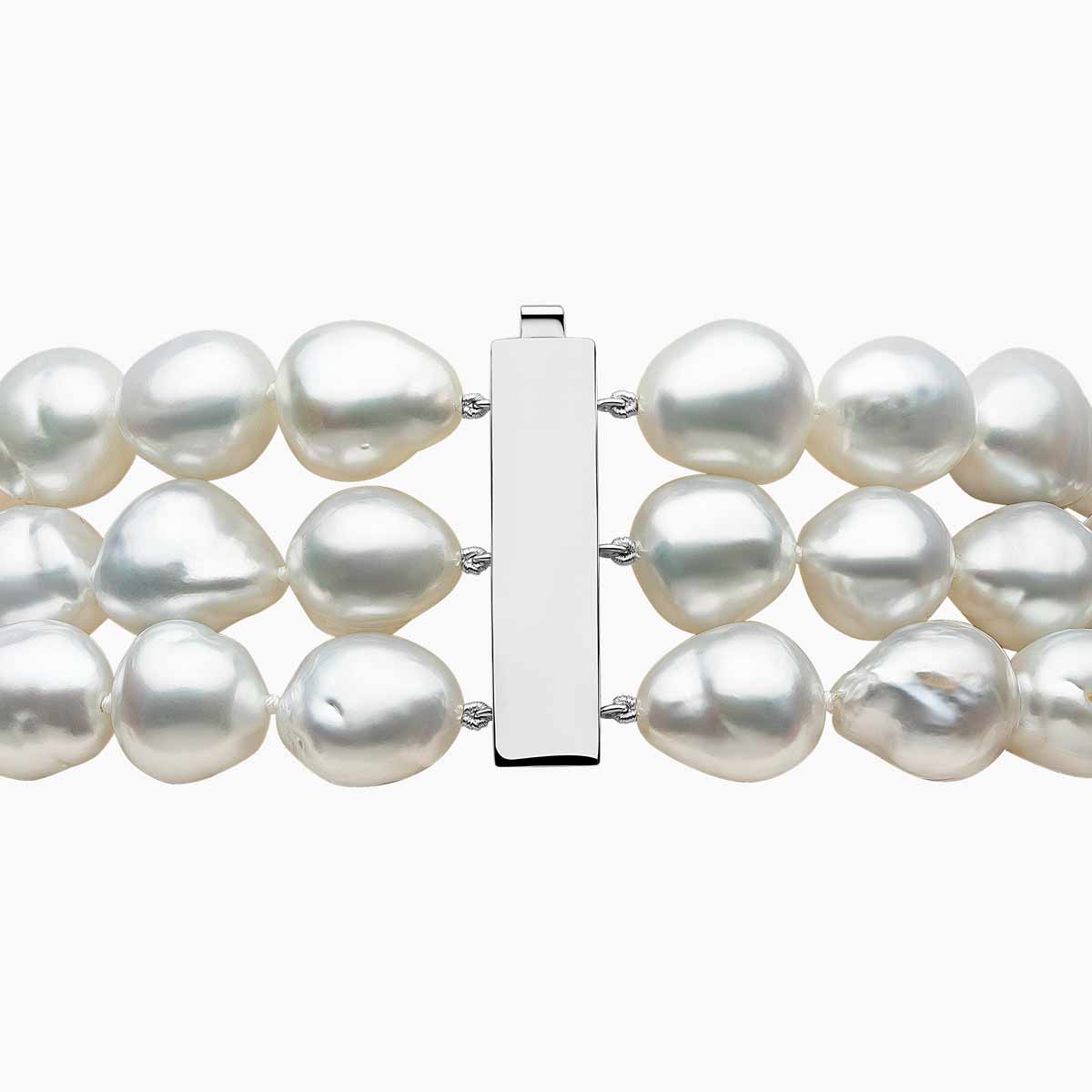 Baroque 18K White Gold 3 Row Australian South Sea Pearl Necklace