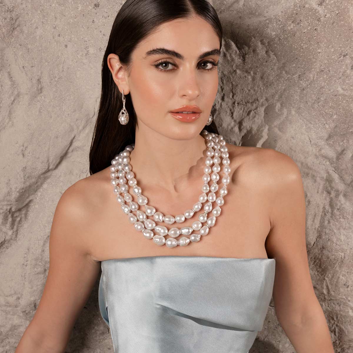 Baroque 18K White Gold 3 Row Australian South Sea Pearl Necklace