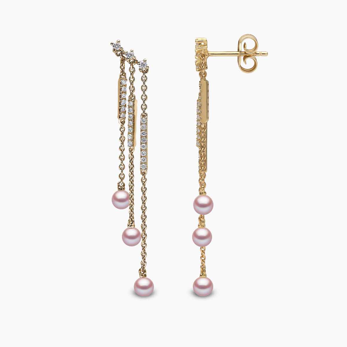 Sleek Pearl & Diamond Triple Chain Drop Earrings | Yoko London