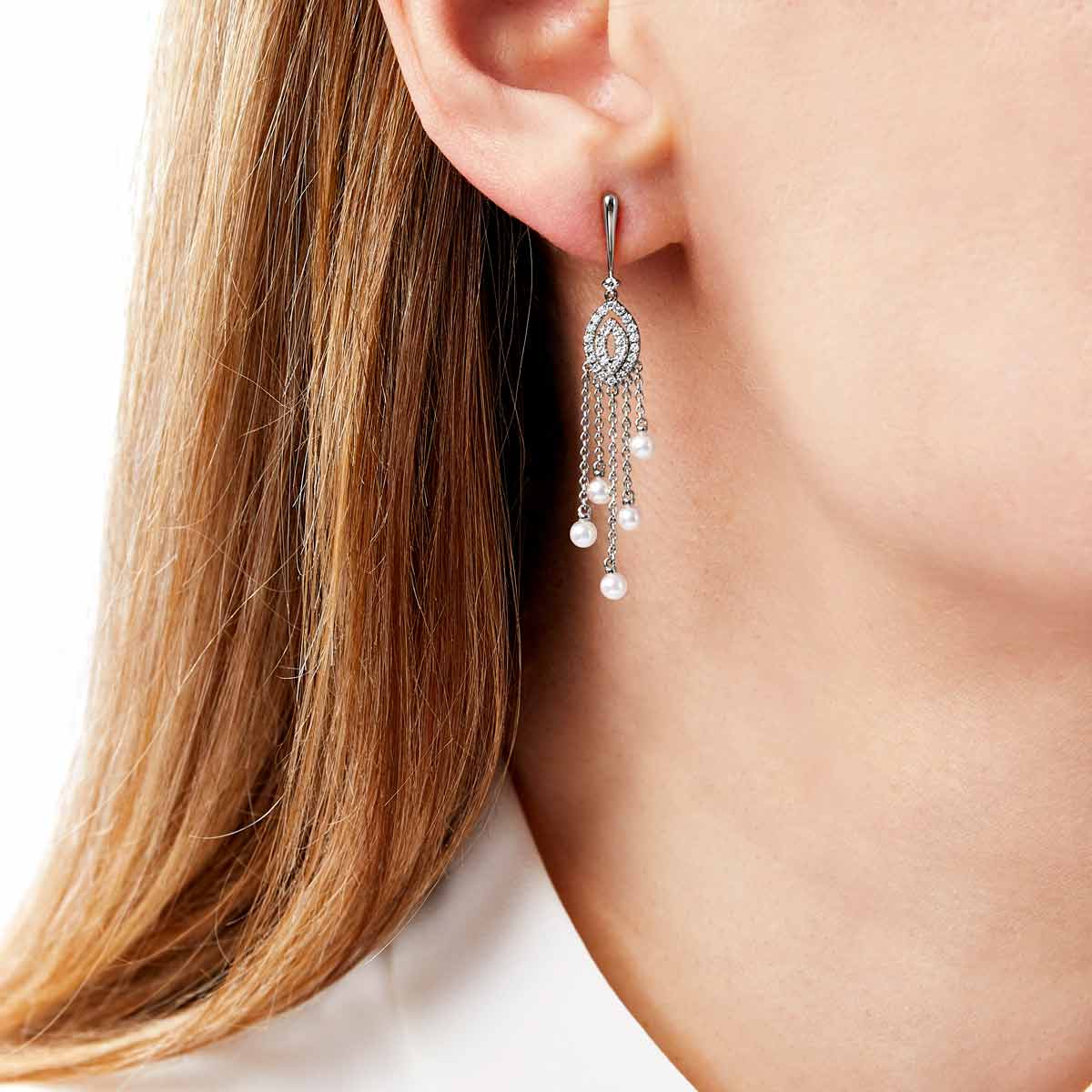 Sleek Pearl & Diamond Chain Drop Earrings | Yoko London