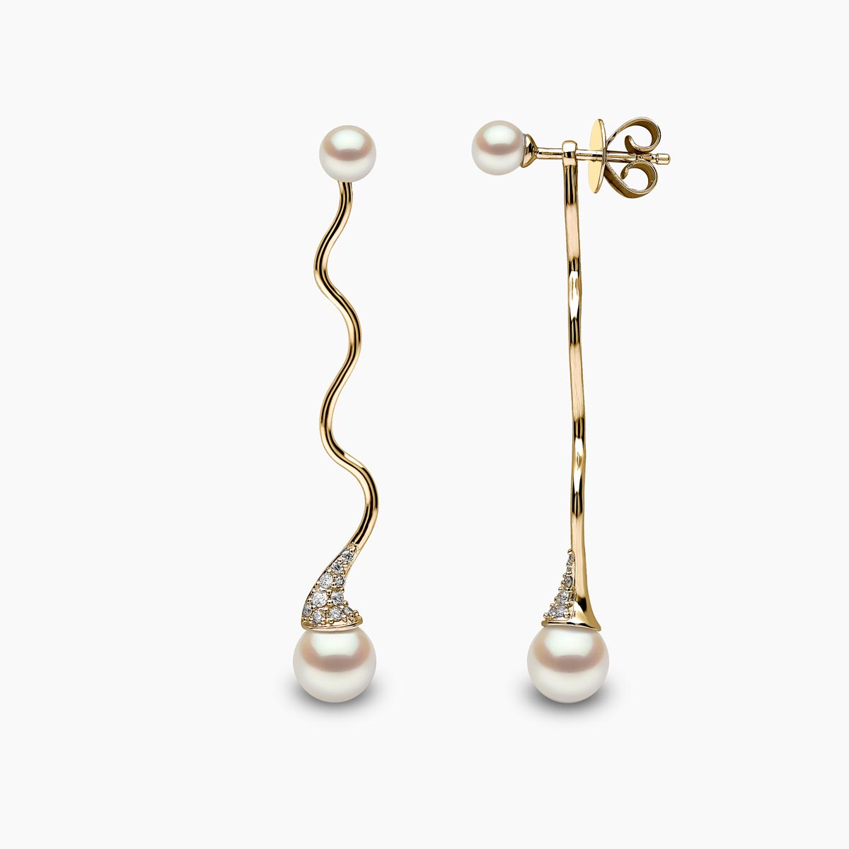 Sleek Double Pearl & Diamond Wave Earrings | Yoko London