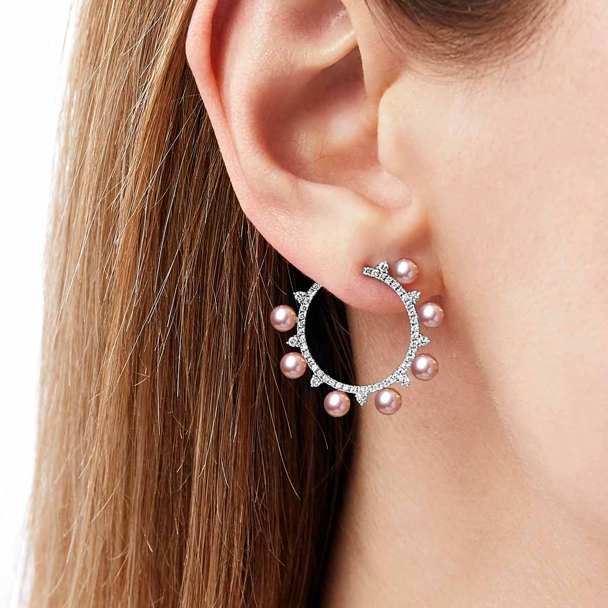 Sleek Pearl & Diamond Circle Earrings | Yoko London