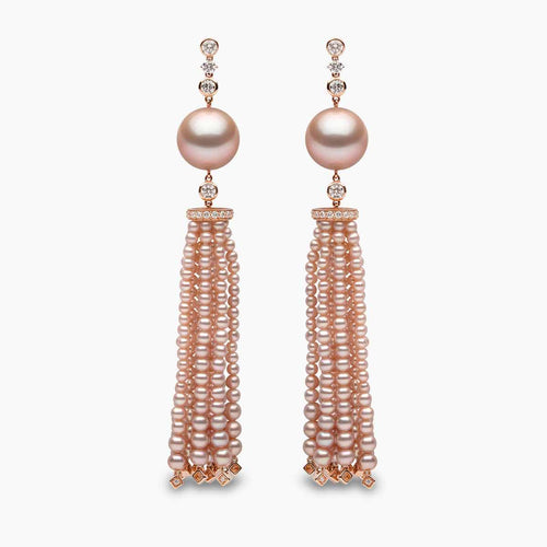 Tassel 18K Gold Pink Freshwater Pearl and Diamond Earrings