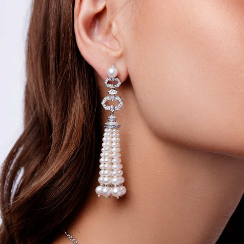 Tassel 18K Gold Freshwater Pearl and Diamond Earrings