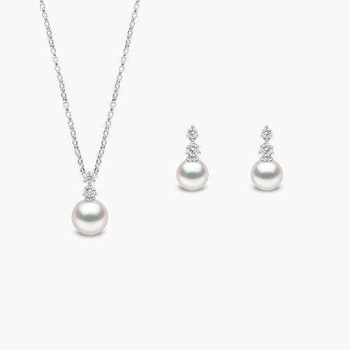 Classic 18K Gold Akoya Pearl Diamond Earring and Pendant Set