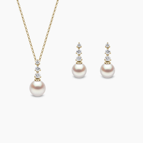 Classic 18K Gold Akoya Pearl and Triple Diamond Earring and Pendant Set