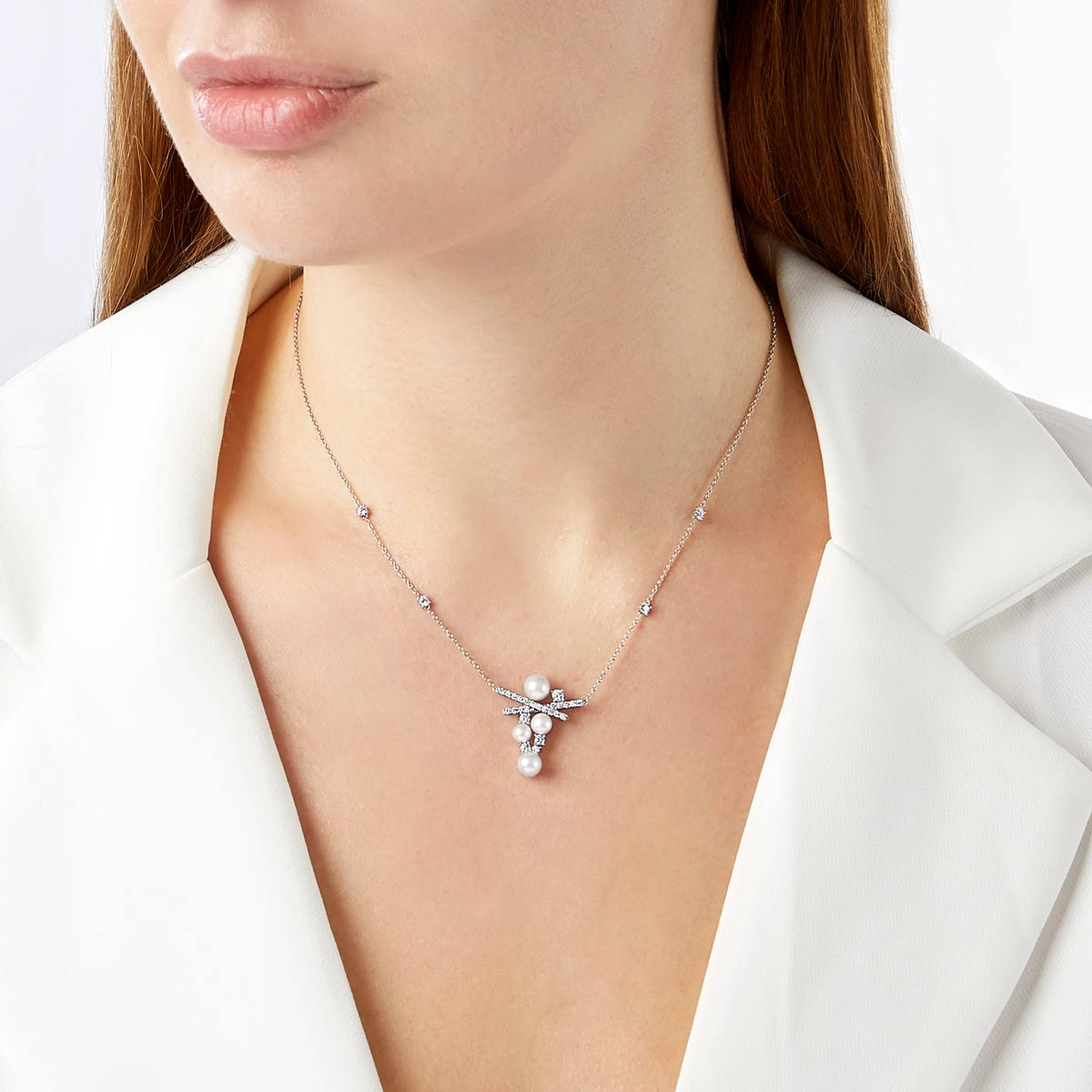 Sleek Pearl & Diamond Double Cross Necklace | Yoko London