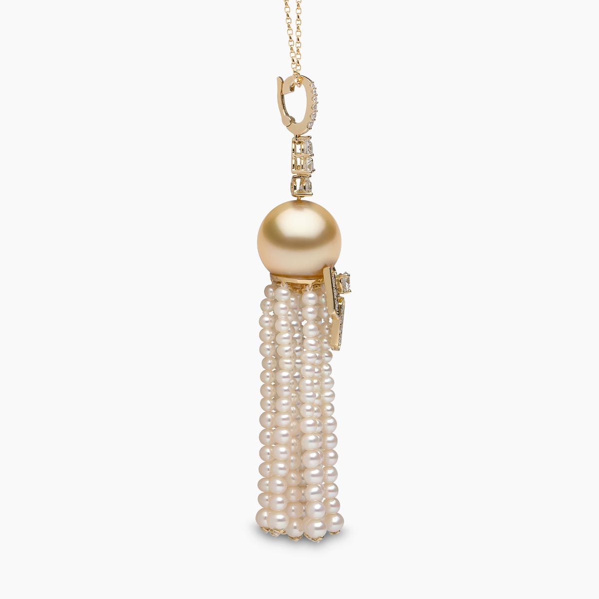 Tassel 18K Gold Golden Pearl and Diamond Geometric Motif Necklace