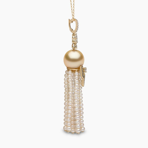 Tassel 18K Gold Golden Pearl and Diamond Geometric Motif Necklace