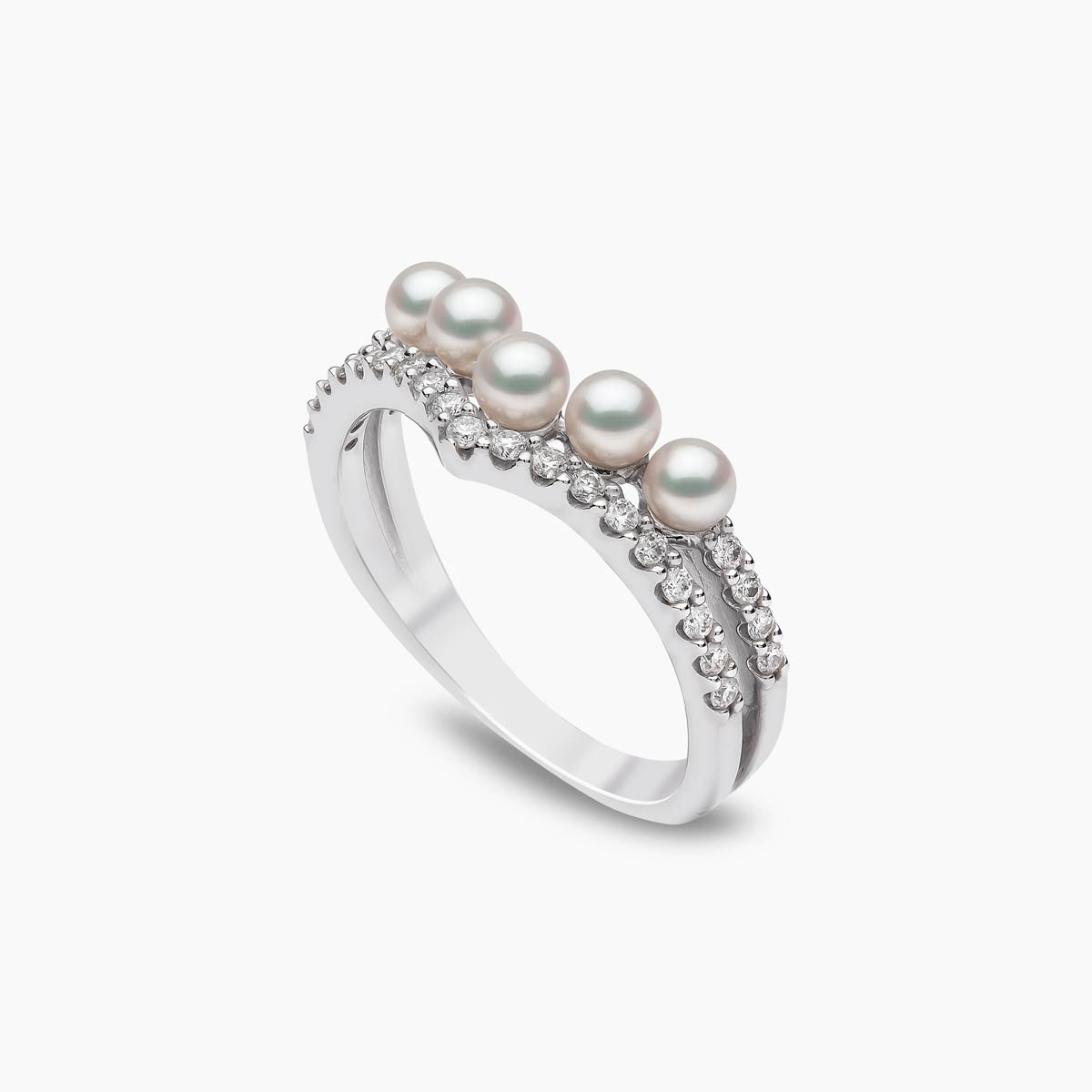 Sleek Pearl & Diamond Curve V Ring | Yoko London