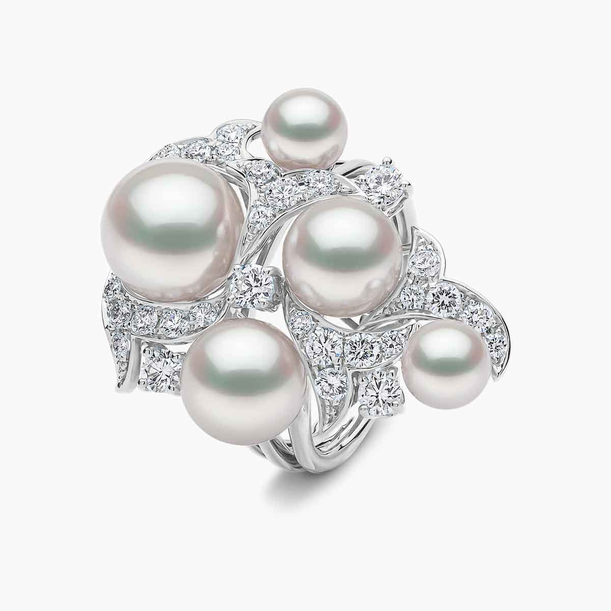 Raindrop Triple Akoya Pearl & Diamond Floral Motif Ring