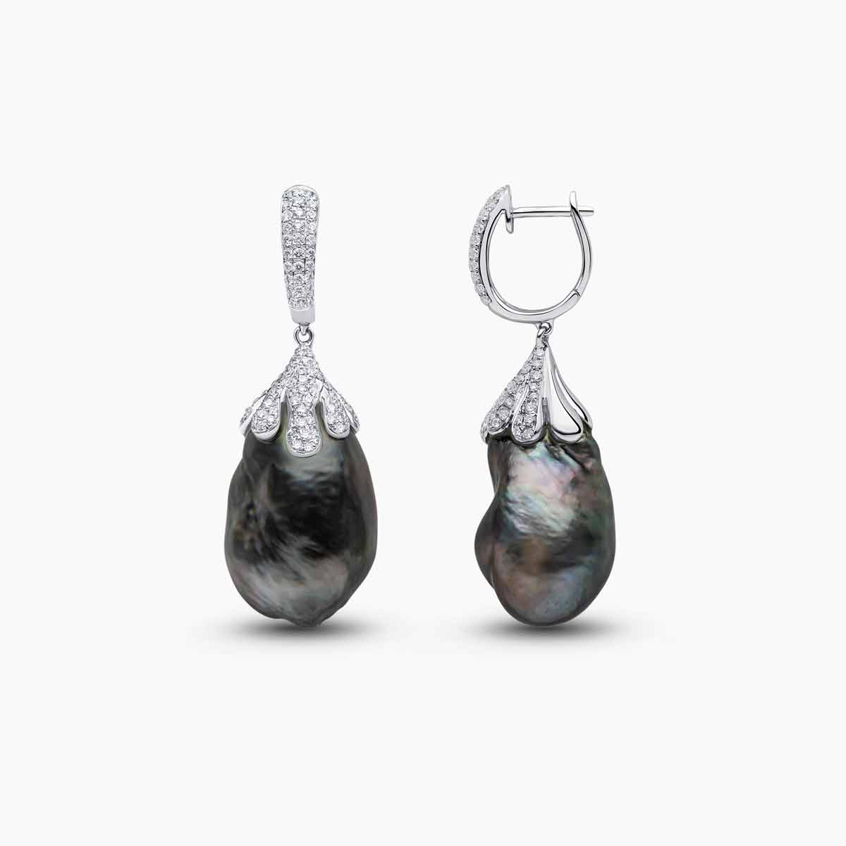 Baroque 18K Gold Tahitian Pearl and Diamond Drop Earrings