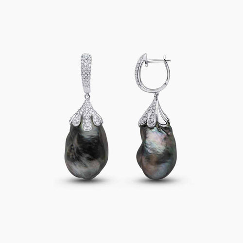 Baroque 18K Gold Tahitian Pearl and Diamond Drop Earrings