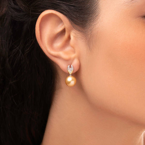Sunrise 18k Gold South Sea Pearl Diamond Leaf Stud Earrings