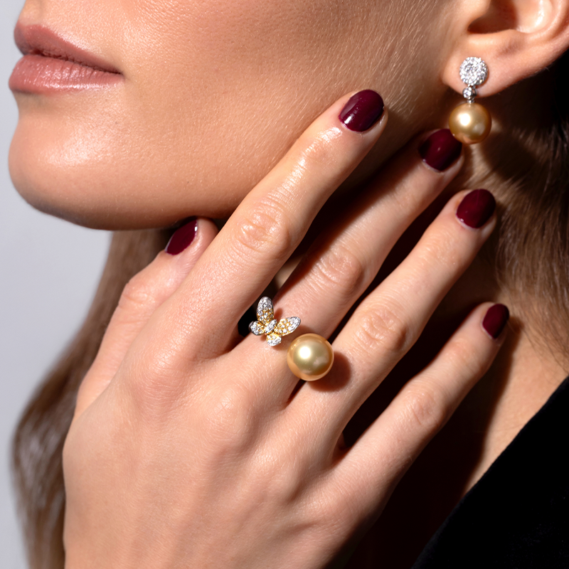 Sunrise 18K Gold South Sea Pearl Butterfly Diamond Ring