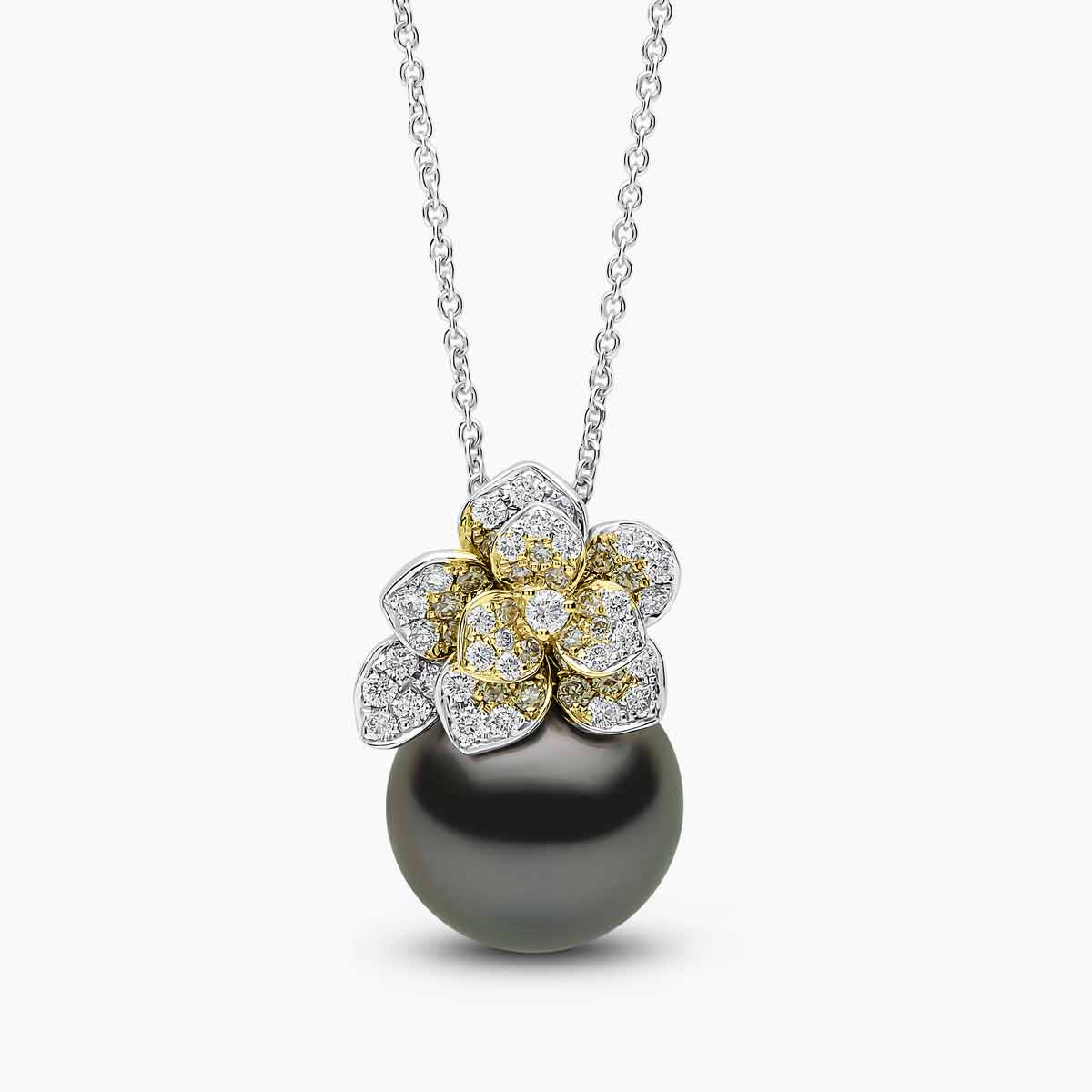 Sunrise Black Tahitian Pearl and Diamond Flower Motif Ring | Yoko London