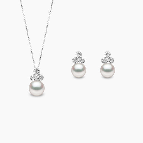 Trend 18K Gold Diamond Motif and Freshwater Pearl Earring and Pendant Set