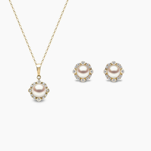 Trend 18K Gold Multi Halo Diamond Freshwater Pearl Earring and Pendant Set