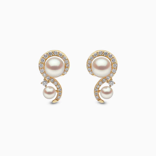 Trend 18K Gold Freshwater Pearl And Diamond Stud Earrings